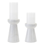 Set of Two White And Gray Marble Tabletop Pillar Candle Holders  Warm Home View