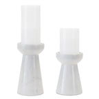 Set of Two White And Gray Marble Tabletop Pillar Candle Holders  Warm Home View