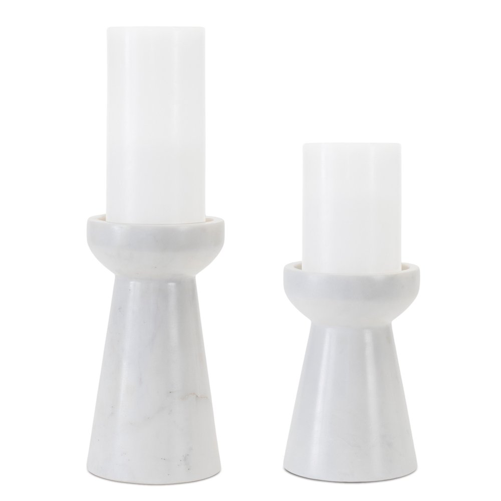 Set of Two White And Gray Marble Tabletop Pillar Candle Holders  Warm Home View