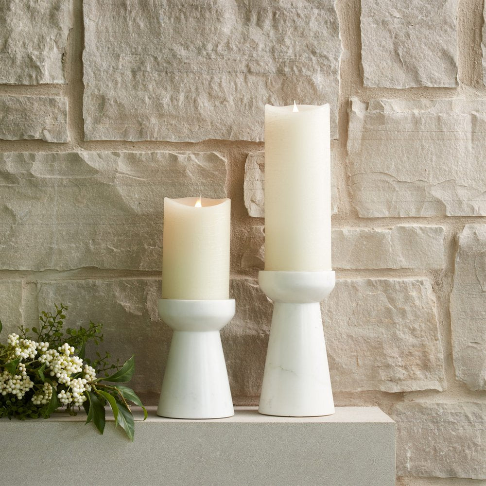 Set of Two White And Gray Marble Tabletop Pillar Candle Holders  Warm Home View