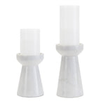 Set of Two White And Gray Marble Tabletop Pillar Candle Holders  Warm Home View