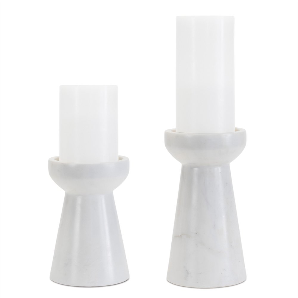 Set of Two White And Gray Marble Tabletop Pillar Candle Holders  Warm Home View