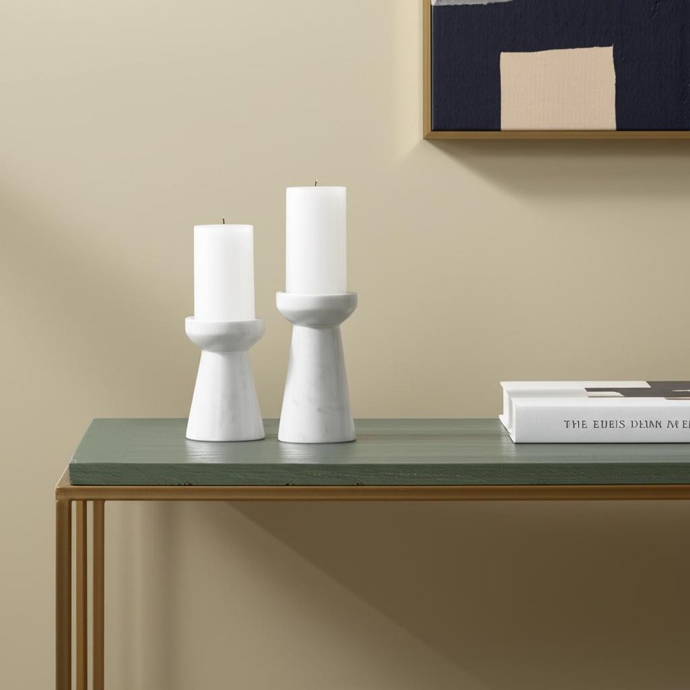Set of Two White And Gray Marble Tabletop Pillar Candle Holders  Warm Home View