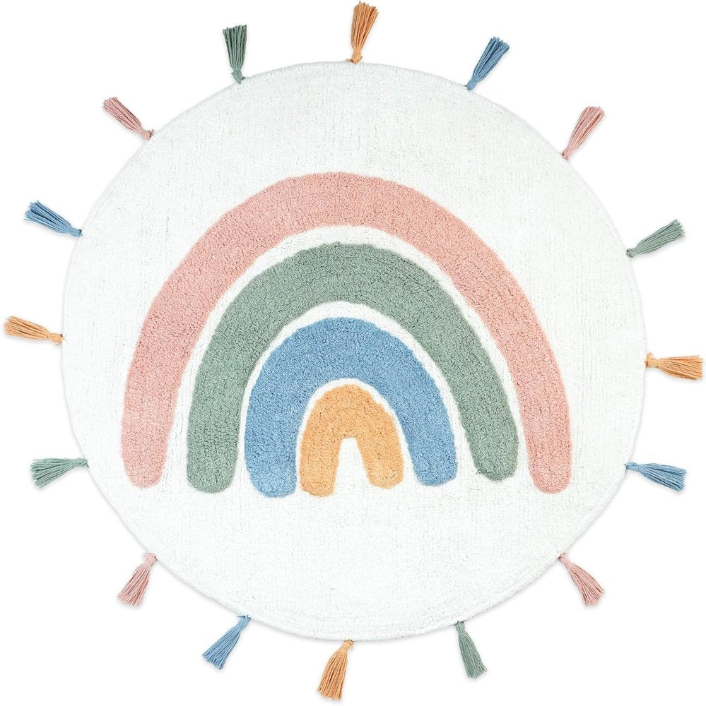 32" White Blue And Pink Cotton Rainbows Round Youthful Bath Rug  Warm Home View