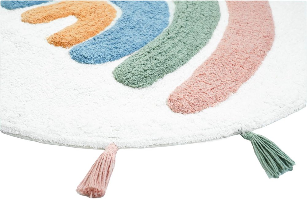 32" White Blue And Pink Cotton Rainbows Round Youthful Bath Rug  Warm Home View