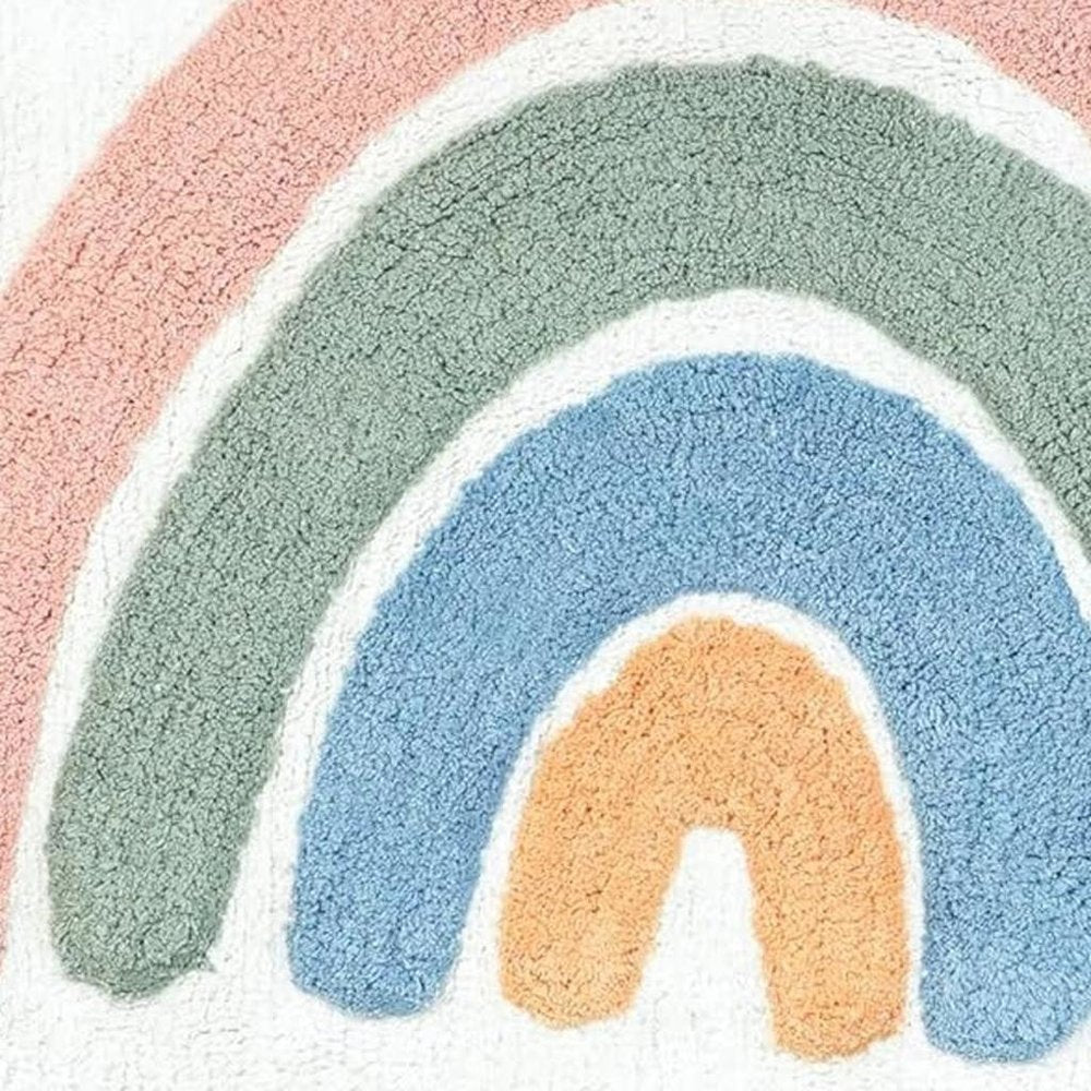 32" White Blue And Pink Cotton Rainbows Round Youthful Bath Rug  Warm Home View