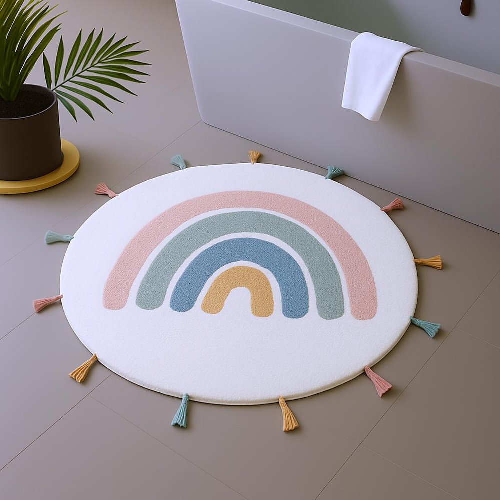 32" White Blue And Pink Cotton Rainbows Round Youthful Bath Rug  Warm Home View