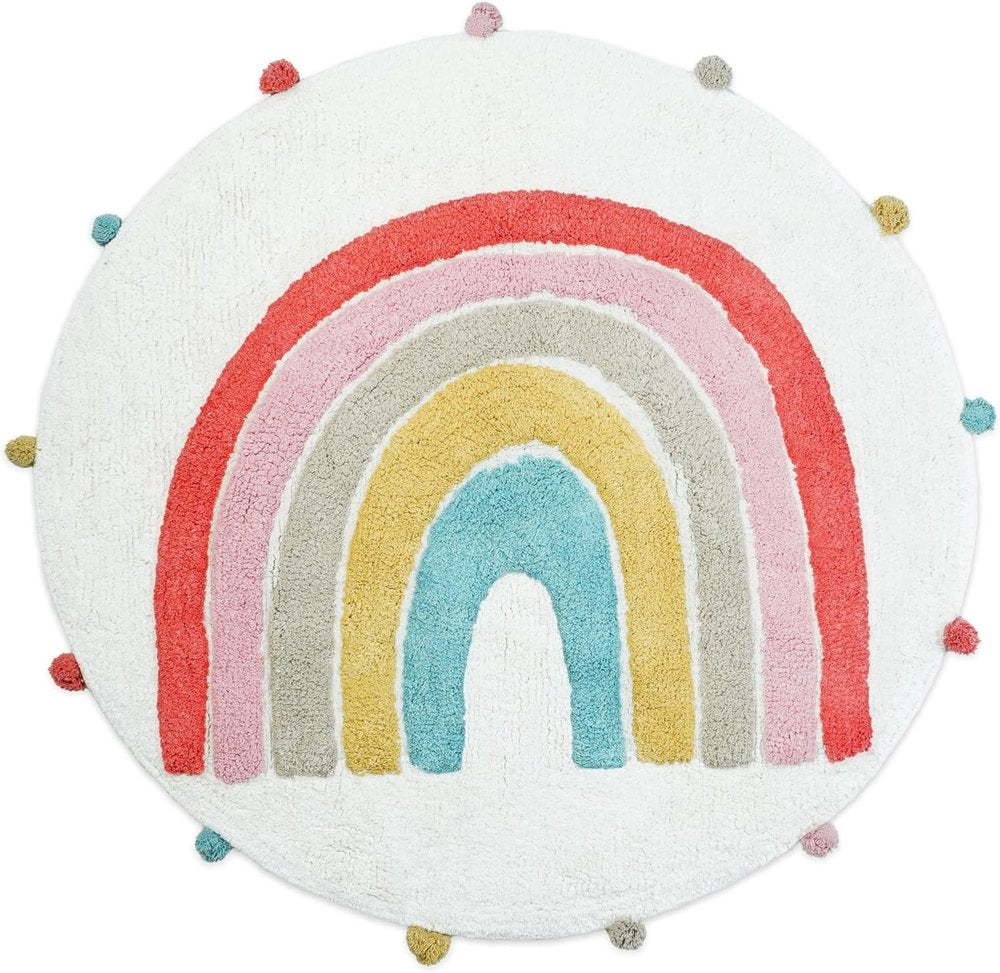 32" White Pink And Yellow Cotton Rainbows Round Youthful Bath Rug  Warm Home View