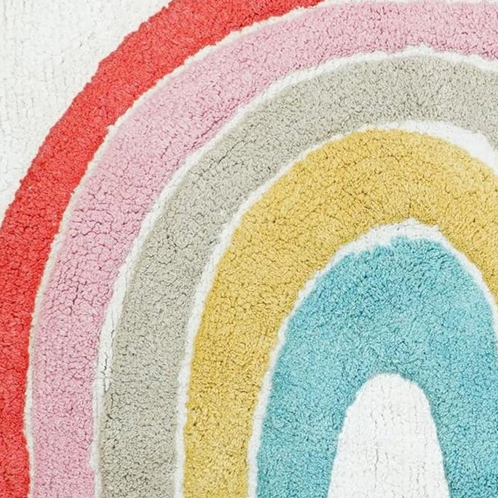 32" White Pink And Yellow Cotton Rainbows Round Youthful Bath Rug  Warm Home View
