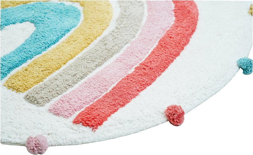 32" White Pink And Yellow Cotton Rainbows Round Youthful Bath Rug  Warm Home View