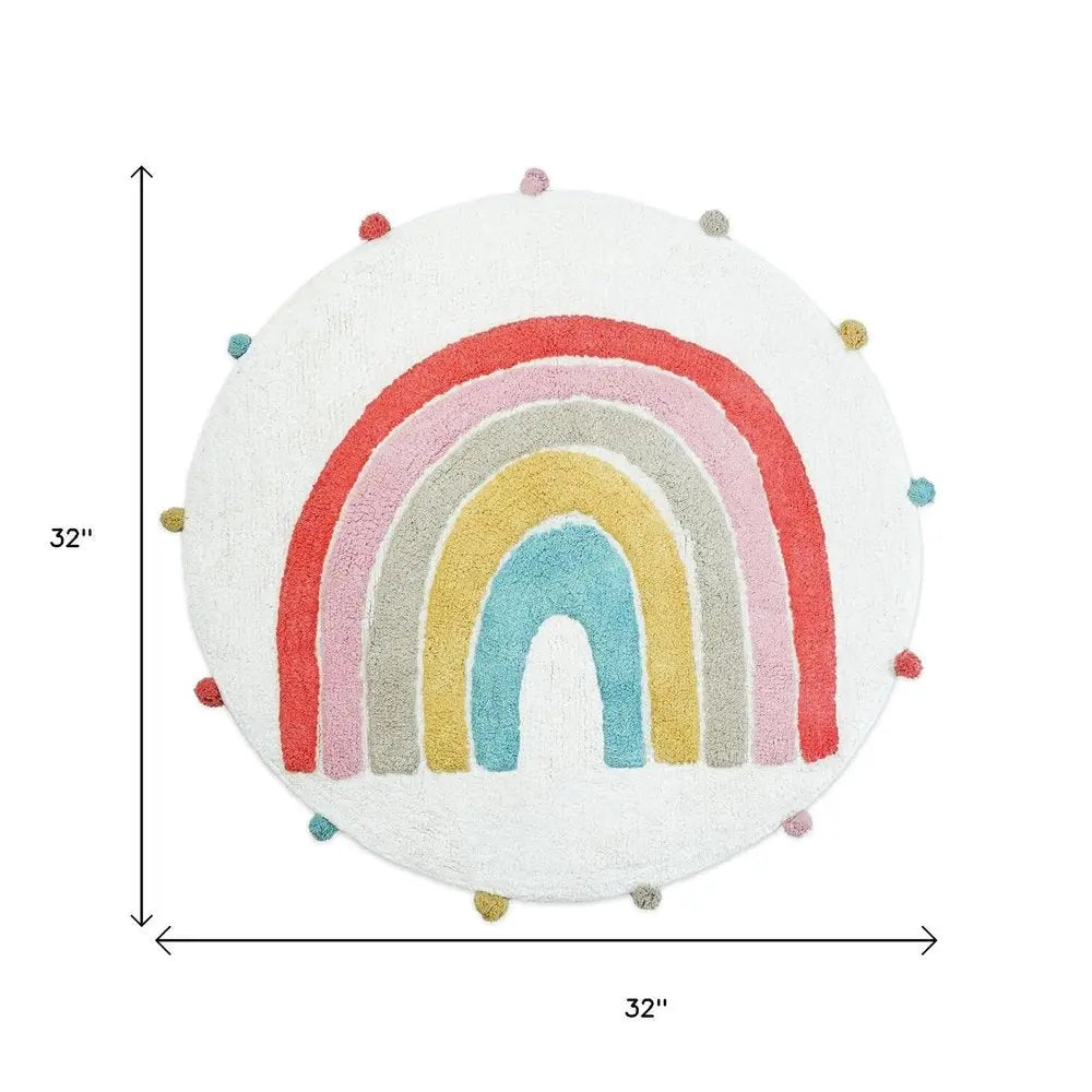 32" White Pink And Yellow Cotton Rainbows Round Youthful Bath Rug  Warm Home View