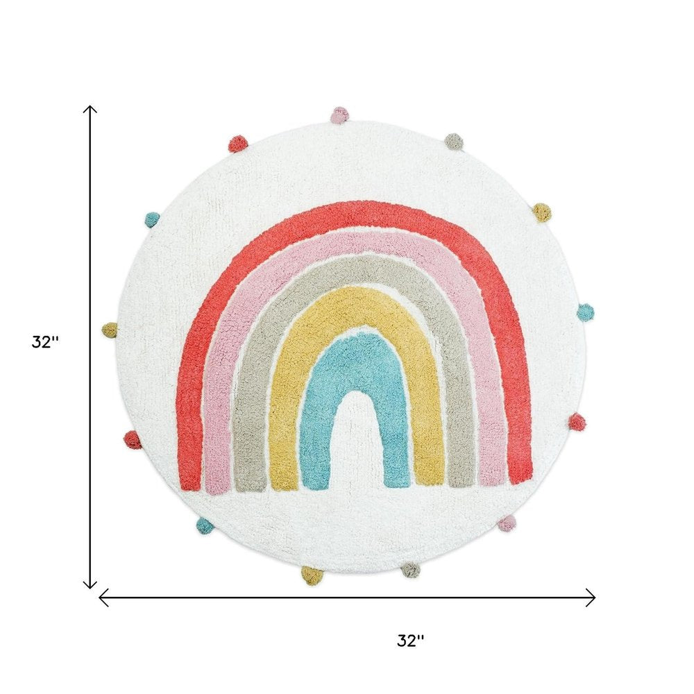 32" White Pink And Yellow Cotton Rainbows Round Youthful Bath Rug  Warm Home View