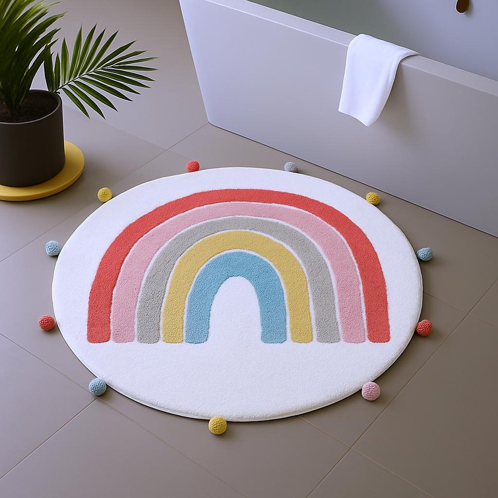 32" White Pink And Yellow Cotton Rainbows Round Youthful Bath Rug  Warm Home View