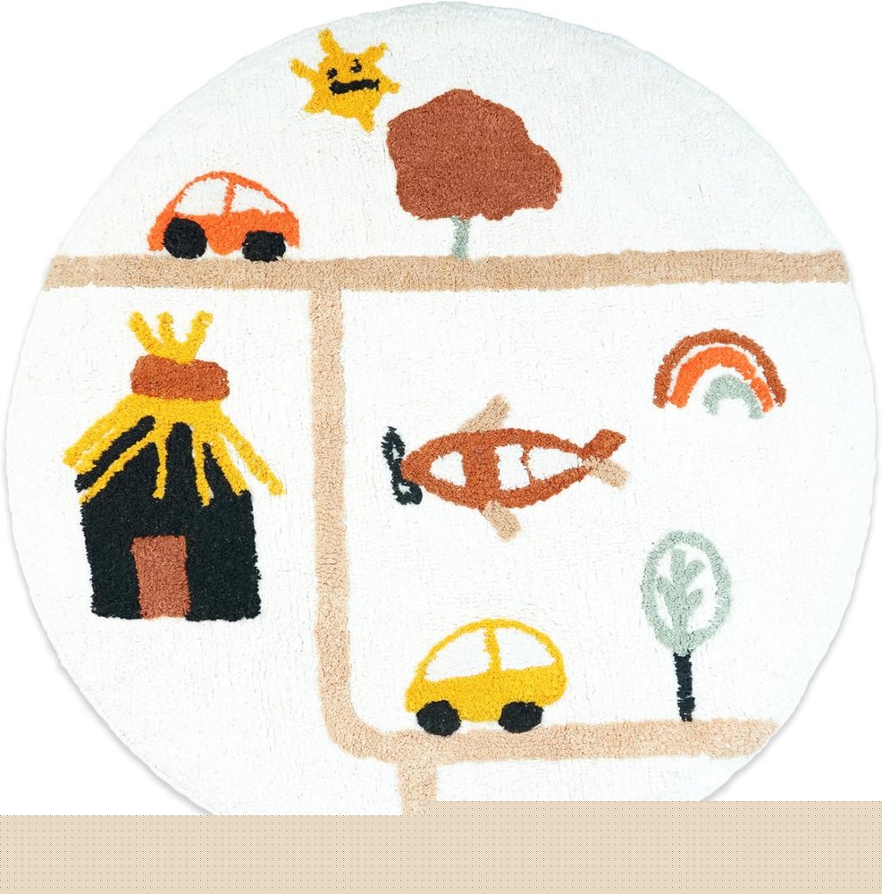 32" White Yellow And Red Cotton Cars Round Youthful Bath Rug  Warm Home View