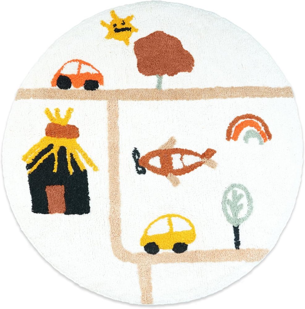 32" White Yellow And Red Cotton Cars Round Youthful Bath Rug  Warm Home View