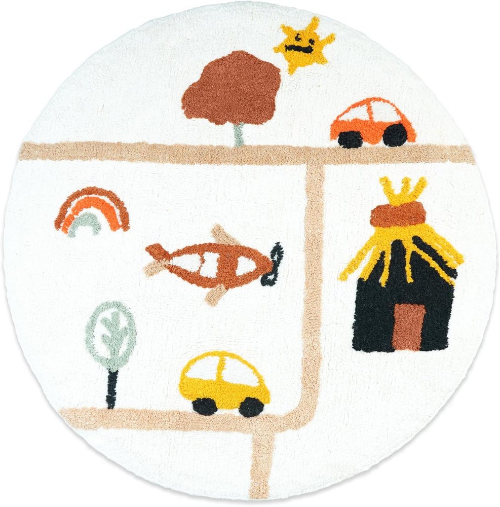 32" White Yellow And Red Cotton Cars Round Youthful Bath Rug  Warm Home View