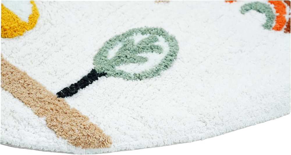 32" White Yellow And Red Cotton Cars Round Youthful Bath Rug  Warm Home View