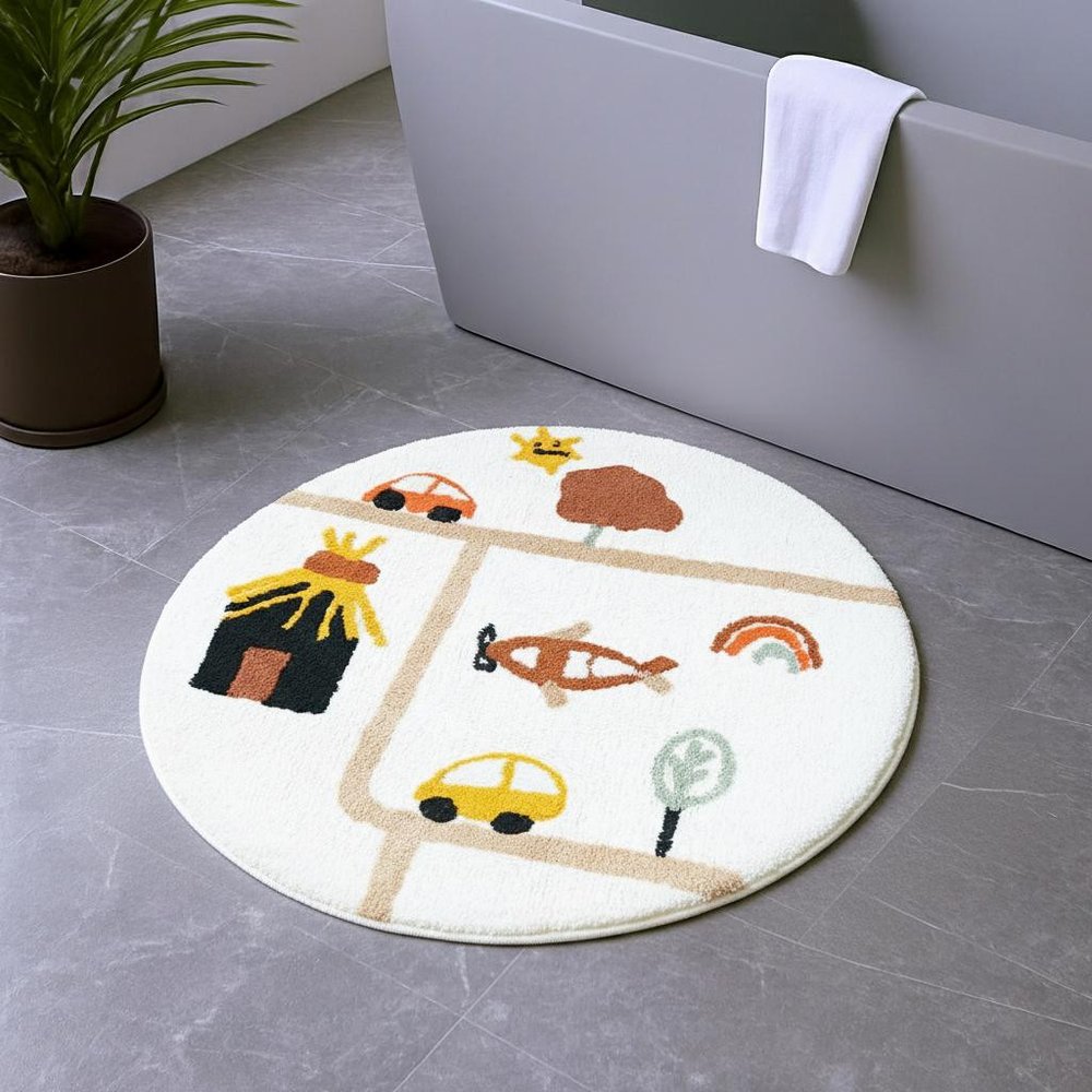 32" White Yellow And Red Cotton Cars Round Youthful Bath Rug  Warm Home View