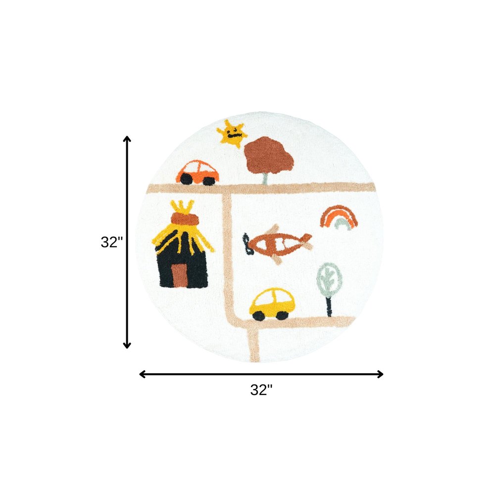 32" White Yellow And Red Cotton Cars Round Youthful Bath Rug  Warm Home View