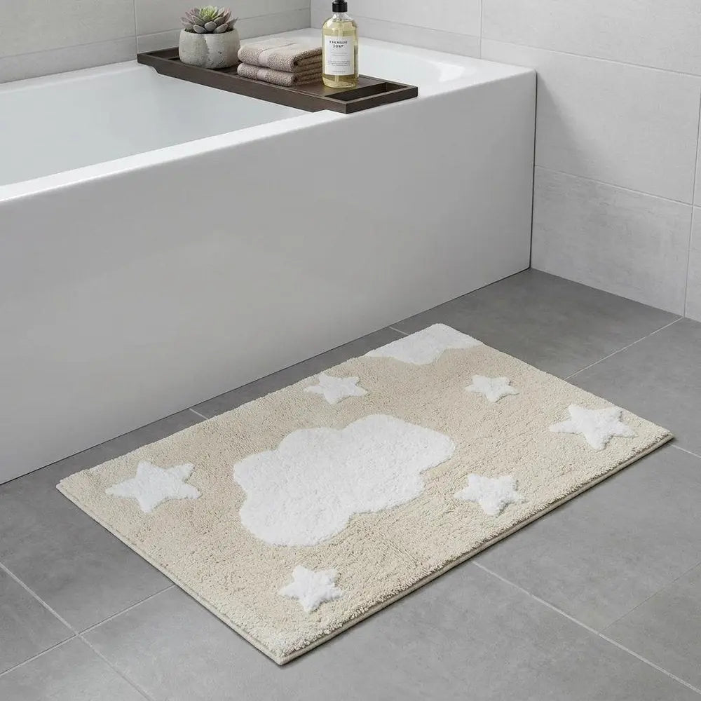 32" White And Beige Cotton Clouds and Stars Youthful Bath Rug  Warm Home View