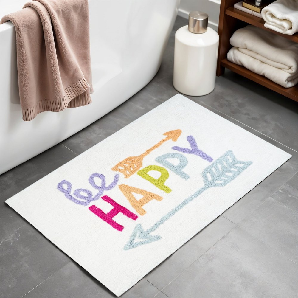 32" White Purple And Green Cotton Be Happy Youthful Bath Rug  Warm Home View