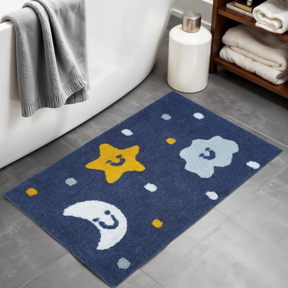 32" White Blue And Yellow Cotton Clouds and Stars Youthful Bath Rug  Warm Home View