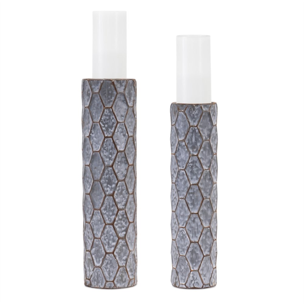 Set of Two Gray And White Distressed Geometric Metal Tabletop Pillar Candle Holders  Warm Home View