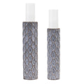 Set of Two Gray And White Distressed Geometric Metal Tabletop Pillar Candle Holders  Warm Home View