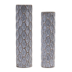 Set of Two Gray And White Distressed Geometric Metal Tabletop Pillar Candle Holders  Warm Home View