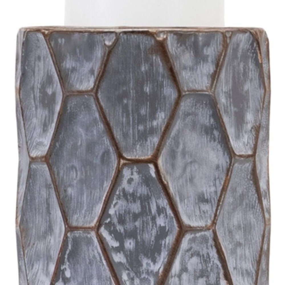 Set of Two Gray And White Distressed Geometric Metal Tabletop Pillar Candle Holders  Warm Home View