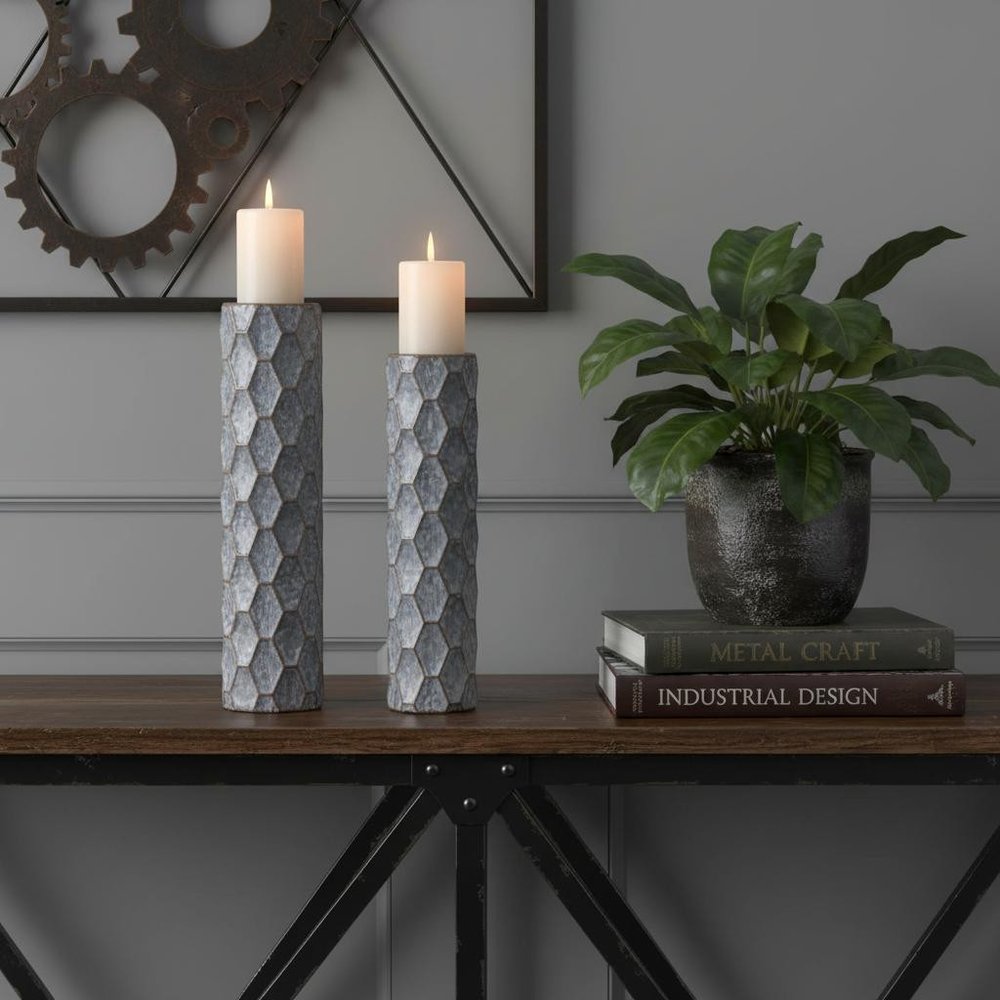 Set of Two Gray And White Distressed Geometric Metal Tabletop Pillar Candle Holders  Warm Home View