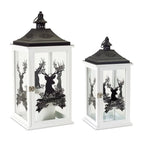 Set of Two White And Black Abstract Wood Tabletop Lantern Candle Holders  Warm Home View