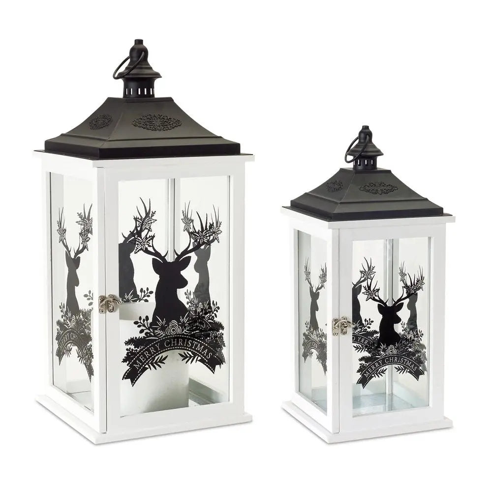 Set of Two White And Black Abstract Wood Tabletop Lantern Candle Holders  Warm Home View