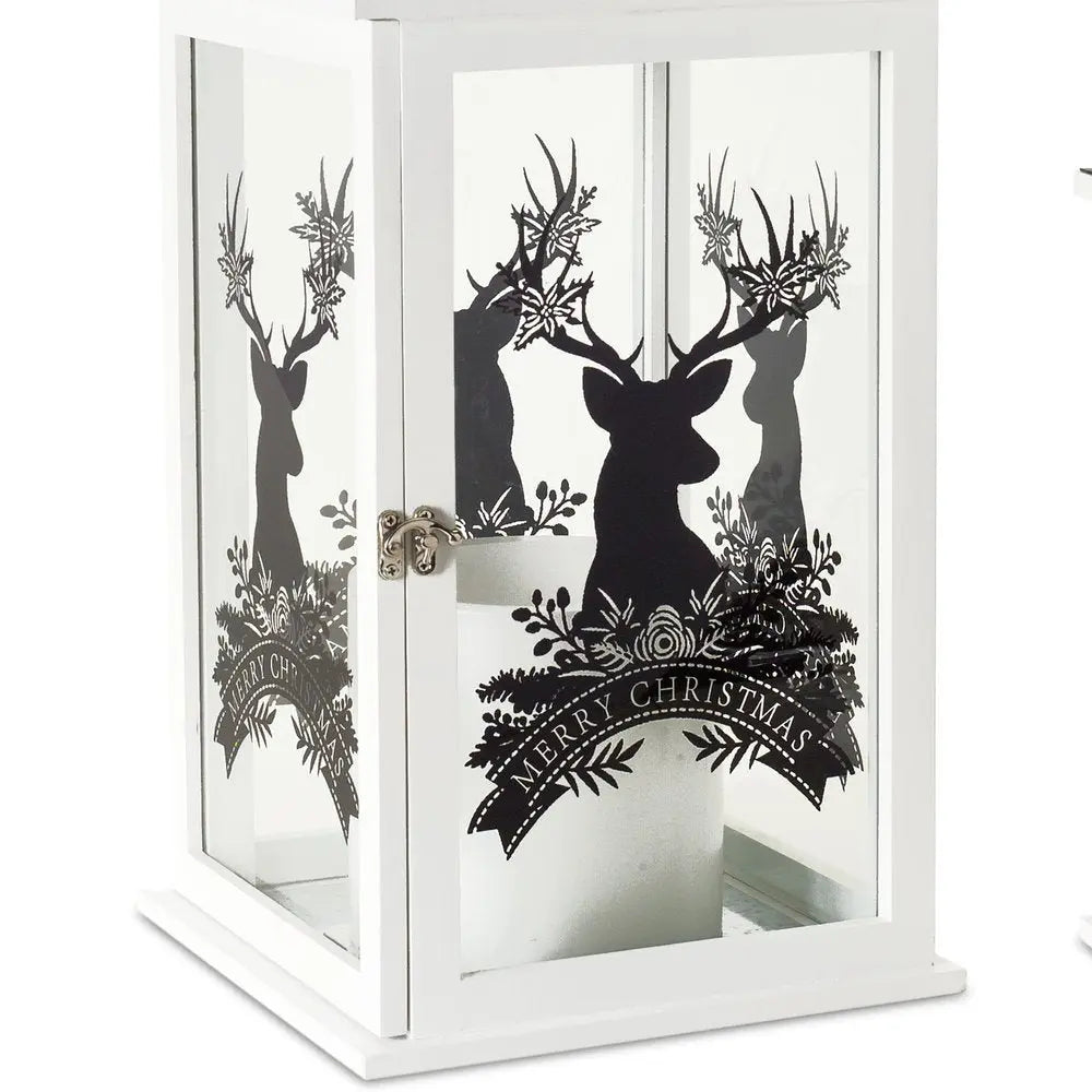 Set of Two White And Black Abstract Wood Tabletop Lantern Candle Holders  Warm Home View