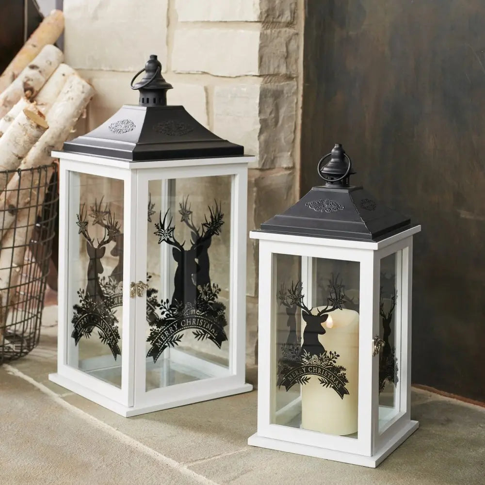 Set of Two White And Black Abstract Wood Tabletop Lantern Candle Holders  Warm Home View