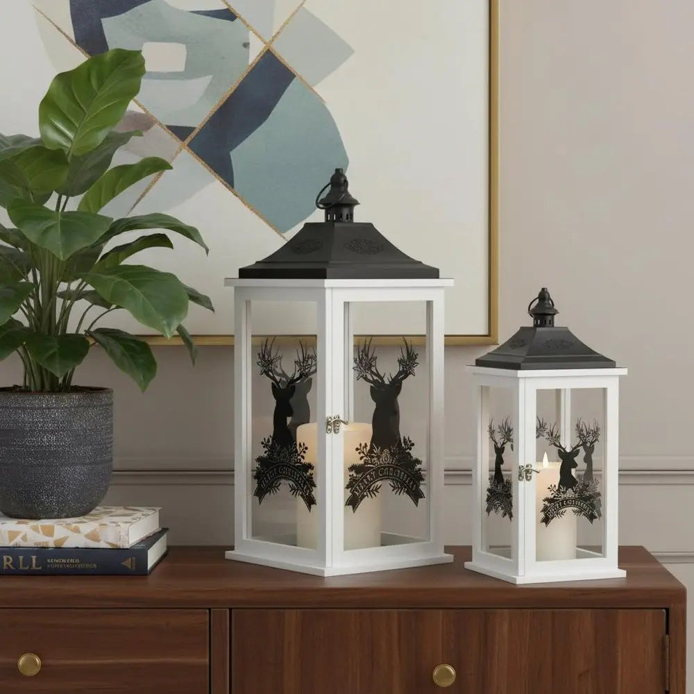 Set of Two White And Black Abstract Wood Tabletop Lantern Candle Holders  Warm Home View