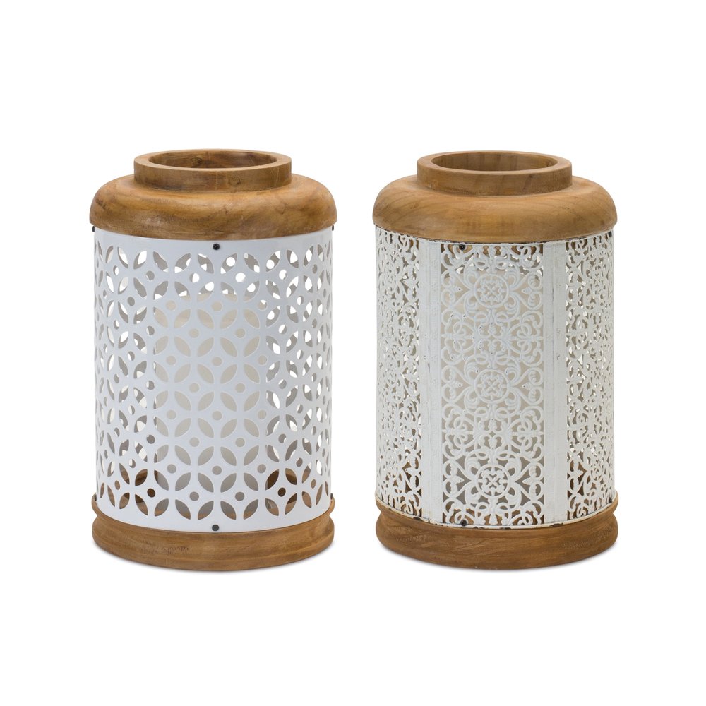 Set of Two White And Brown Geometric Metal Tabletop Lantern Candle Holders  Warm Home View