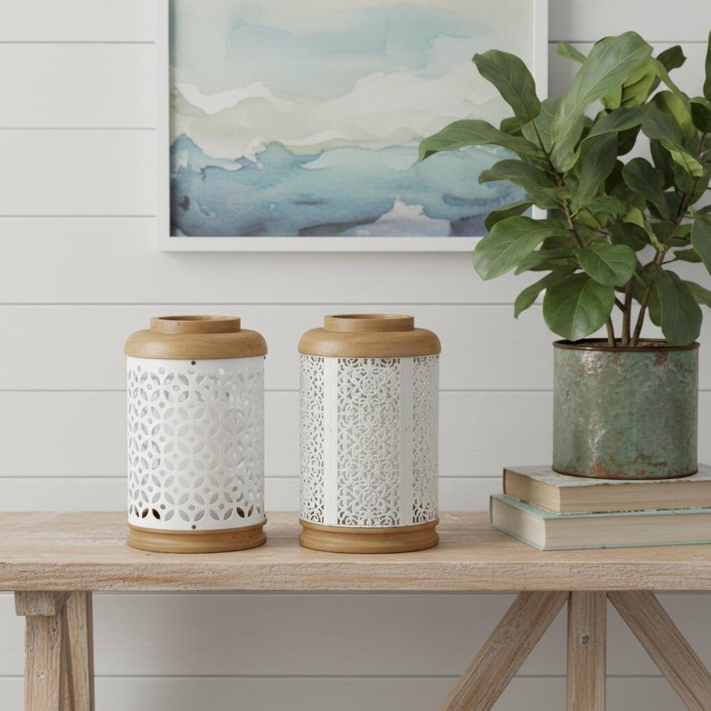 Set of Two White And Brown Geometric Metal Tabletop Lantern Candle Holders  Warm Home View