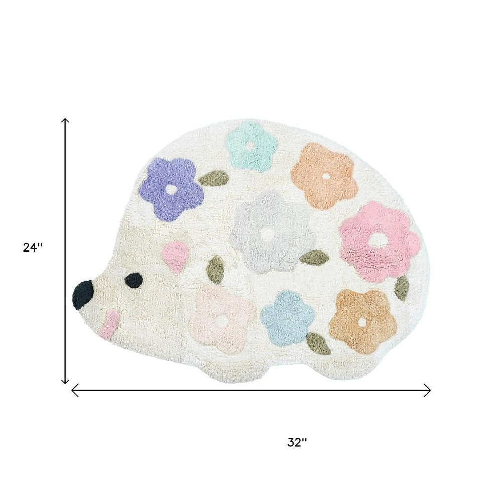 32" White Blue And Pink Cotton Hedgehog Floral Print Bath Rug  Warm Home View