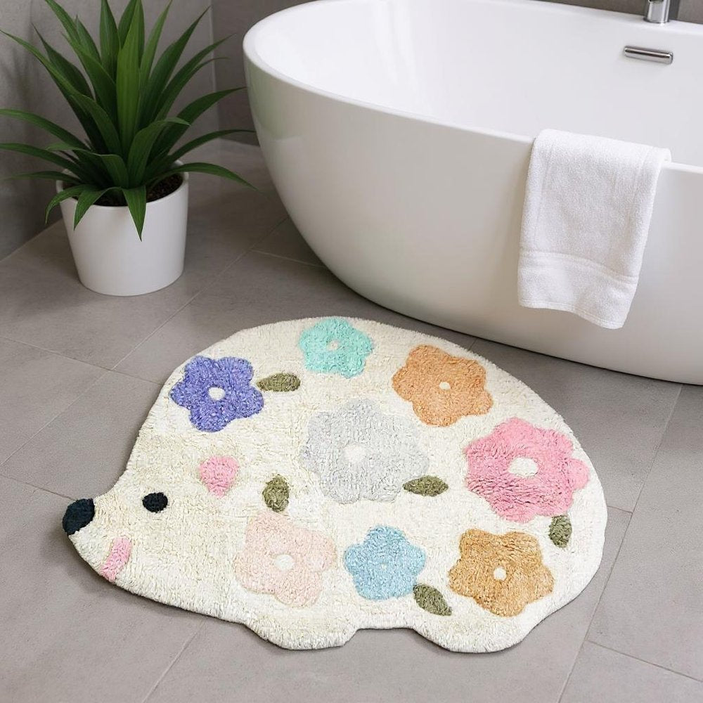 32" White Blue And Pink Cotton Hedgehog Floral Print Bath Rug  Warm Home View