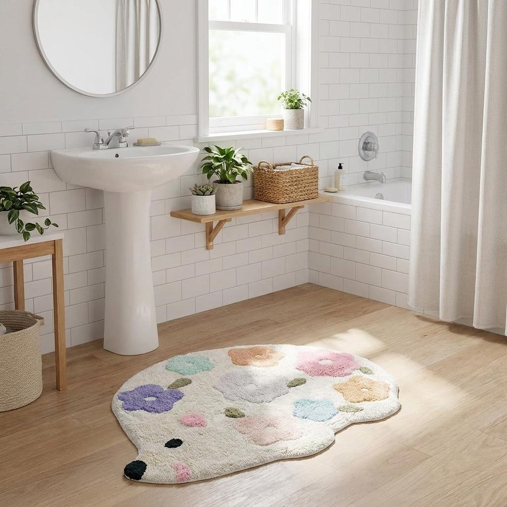 32" White Blue And Pink Cotton Hedgehog Floral Print Bath Rug  Warm Home View