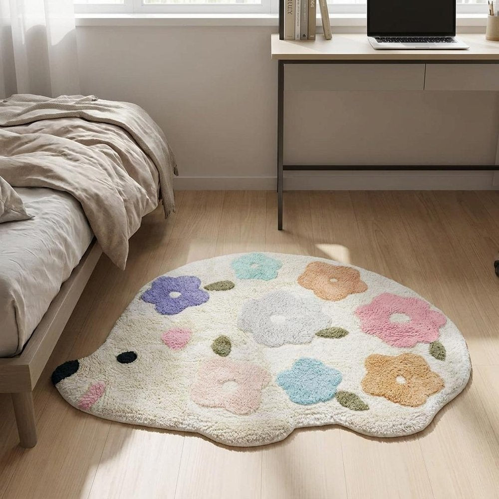 32" White Blue And Pink Cotton Hedgehog Floral Print Bath Rug  Warm Home View