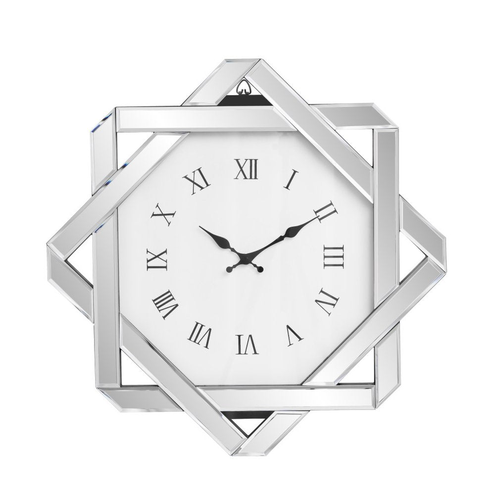 26" Silver Mirrored Glass Silent Analog Geometric Wall Clock  Warm Home View