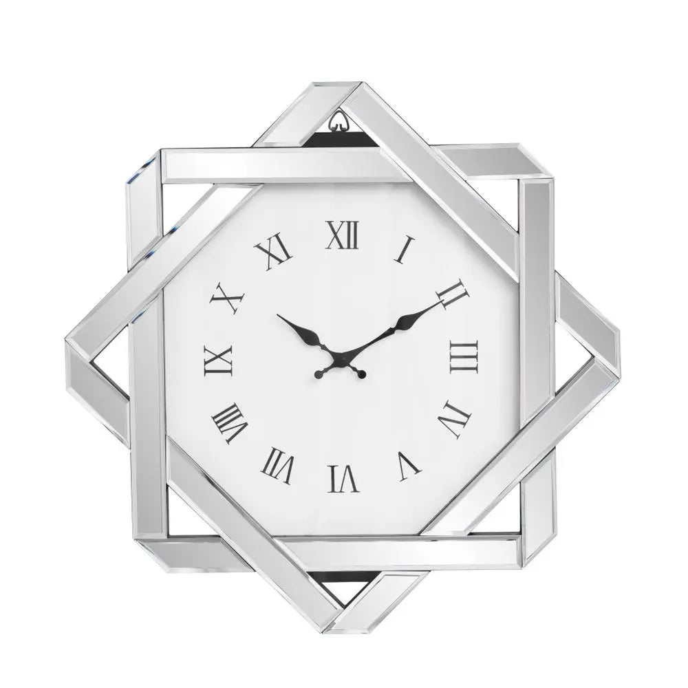 26" Silver Mirrored Glass Silent Analog Geometric Wall Clock  Warm Home View