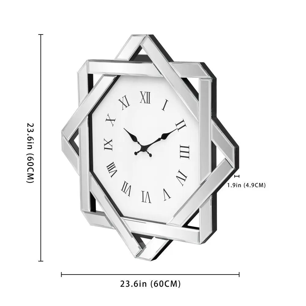 26" Silver Mirrored Glass Silent Analog Geometric Wall Clock  Warm Home View