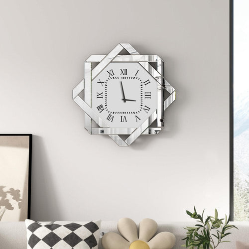 26" Silver Mirrored Glass Silent Analog Geometric Wall Clock  Warm Home View