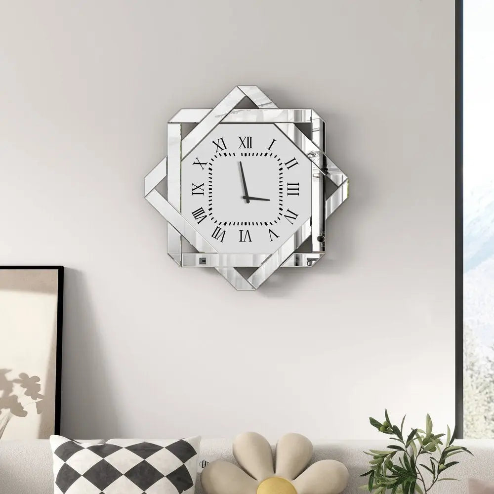 26" Silver Mirrored Glass Silent Analog Geometric Wall Clock  Warm Home View