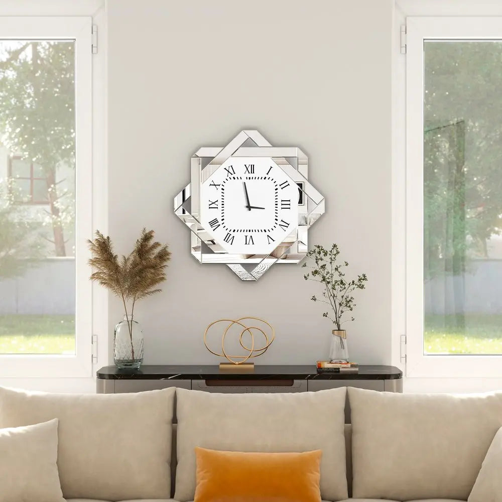 26" Silver Mirrored Glass Silent Analog Geometric Wall Clock  Warm Home View