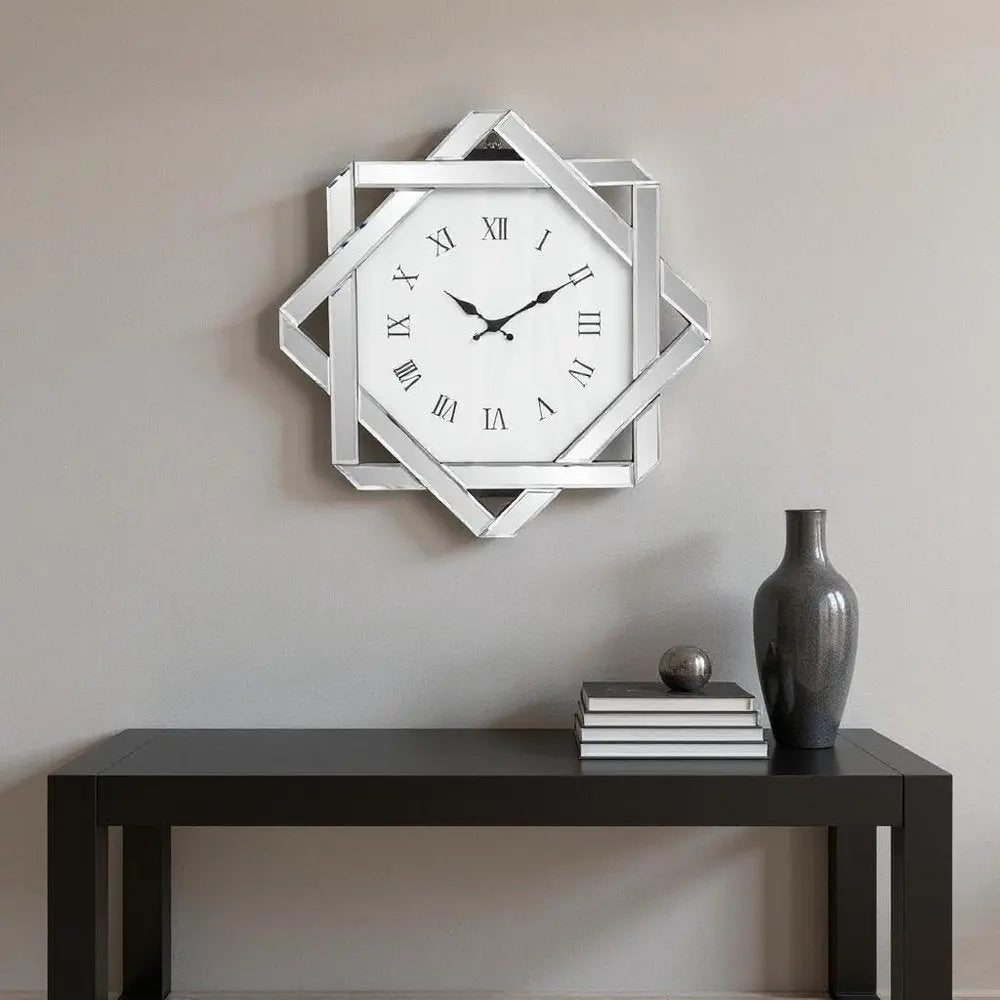 26" Silver Mirrored Glass Silent Analog Geometric Wall Clock  Warm Home View