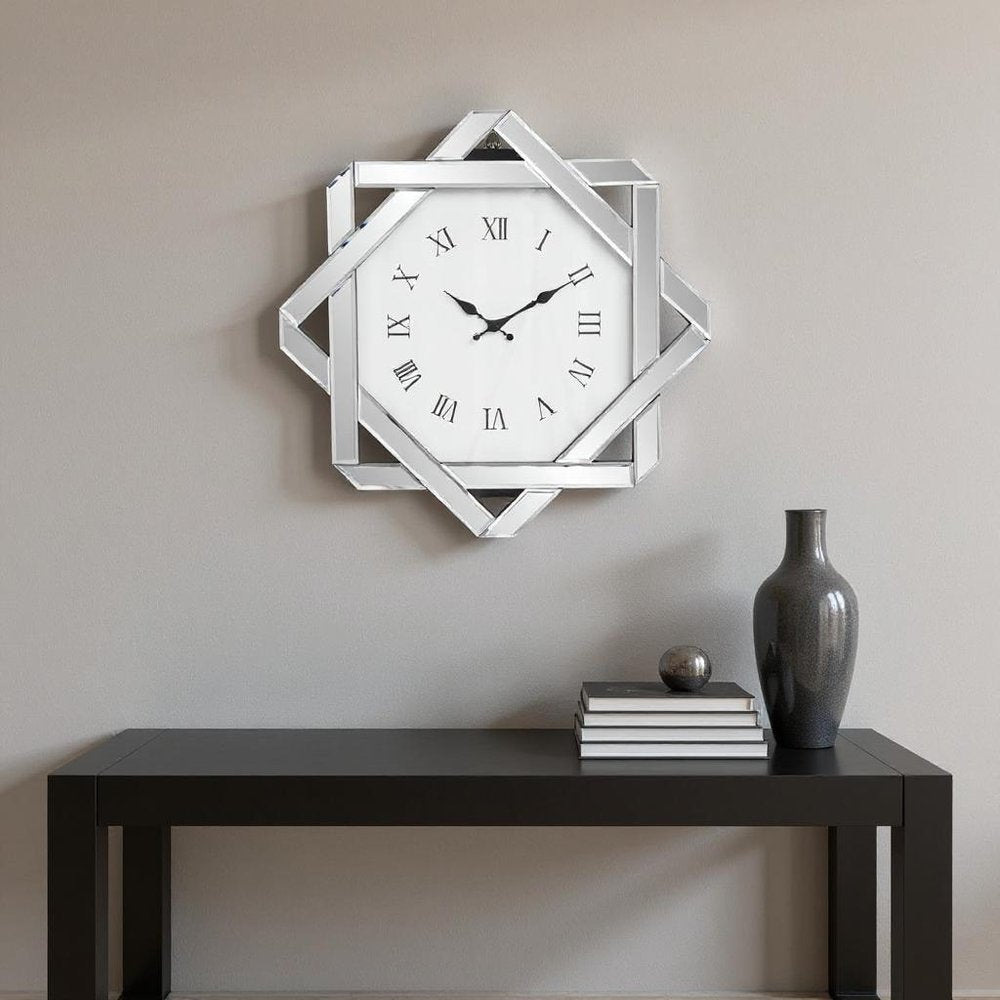 26" Silver Mirrored Glass Silent Analog Geometric Wall Clock  Warm Home View